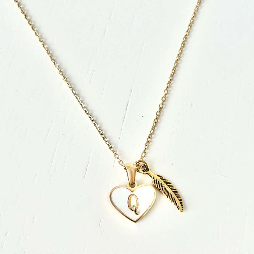 Initial Letter Necklace. Q. Gold Heart and Feather 14k Gold Plated